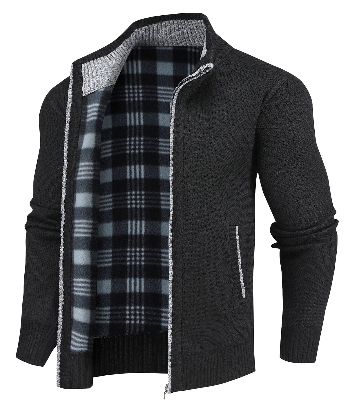Men's textured knitted sweater jacket with mock neck, front zip and welt pockets