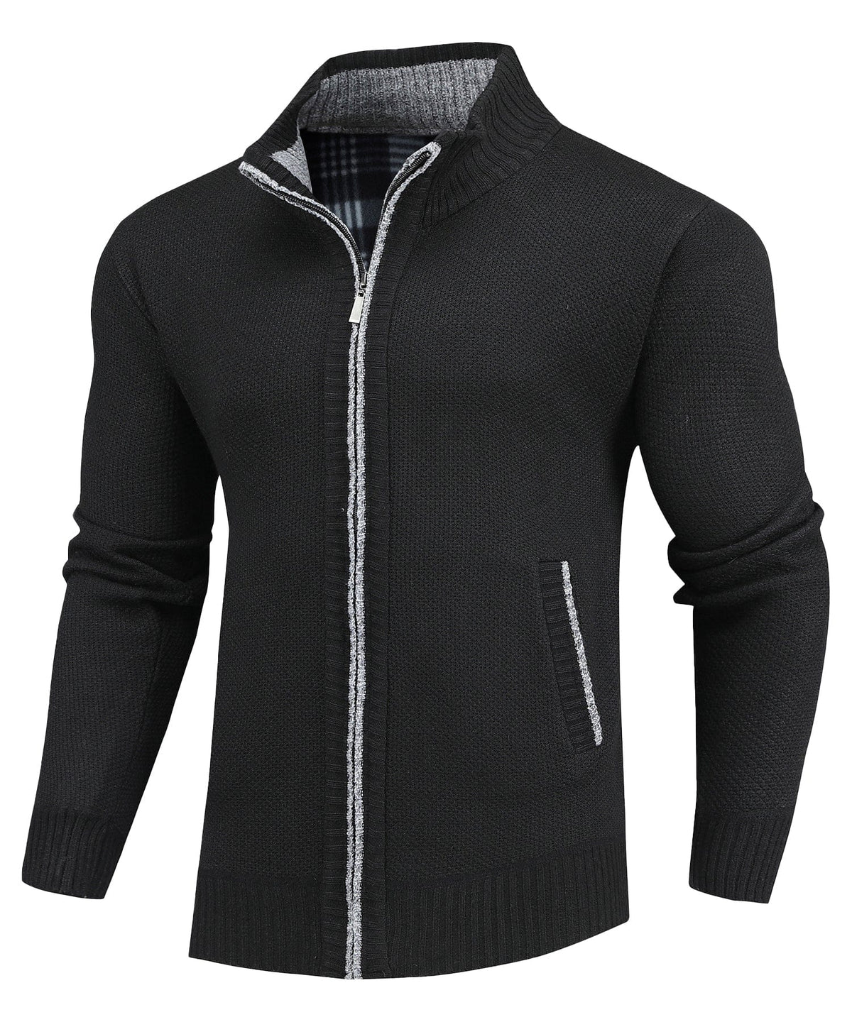 Men's textured knitted sweater jacket with mock neck, front zip and welt pockets