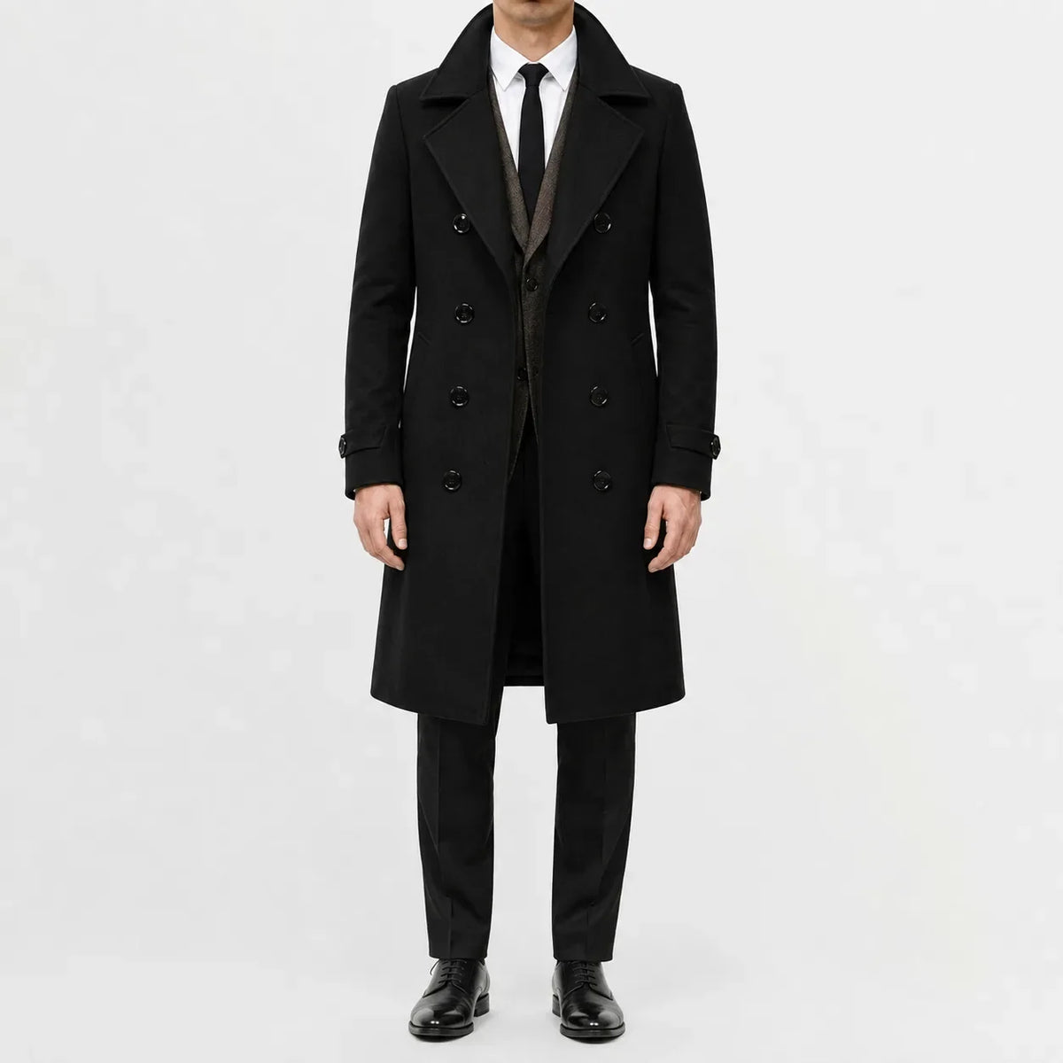 Men's long double-breasted trench coat with notched lapels and buttoned cuff tabs