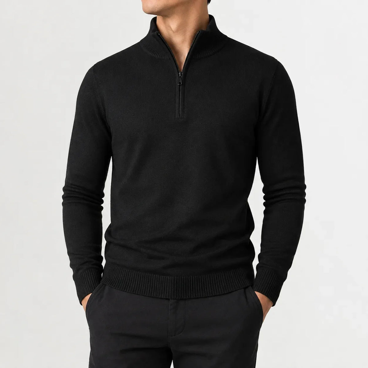 Men's long-sleeve mock neck zip-up jumper with ribbed trims