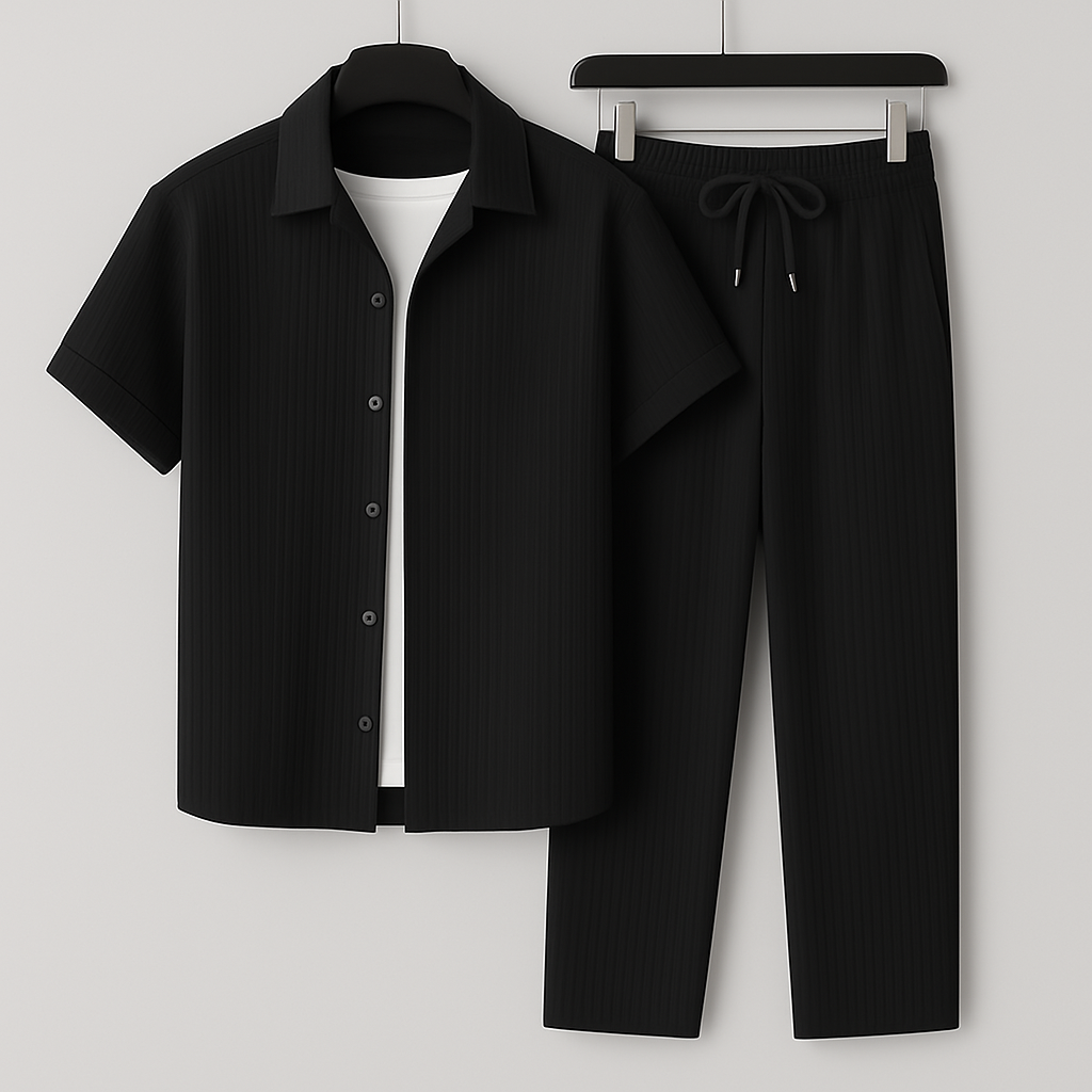 Men’s Textured Summer Co-Ord Set | Relaxed Open-Collar Shirt & Drawstring Trousers