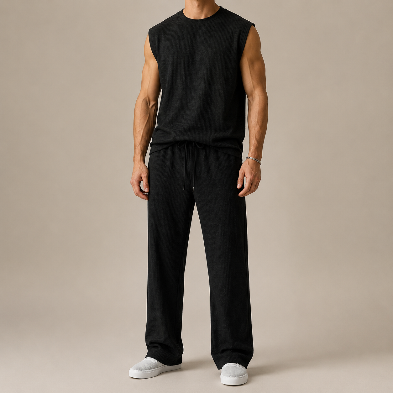 Men's ribbed sleeveless top and full-length trousers set with drawstring waist
