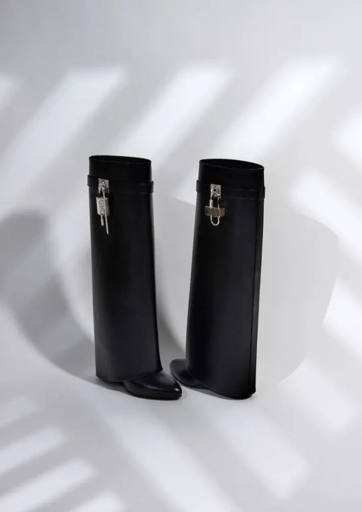 Women's Boots Vegan Leather Wedge Padlock - Black