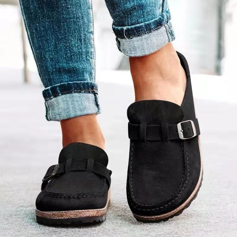 Women's Slip-On Clog Suede Buckle-Strap - Black
