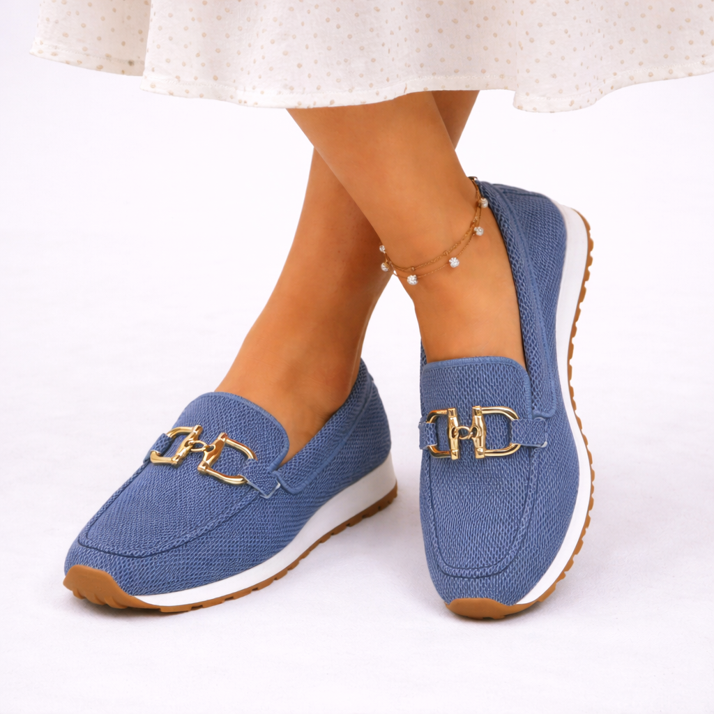 Women's Loafer Slip-On Knit Flatform Gold Trim - Blue