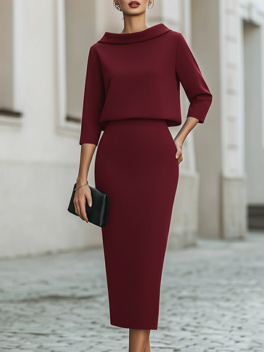 Women's two-piece set with mock neck top and fitted midi pencil skirt