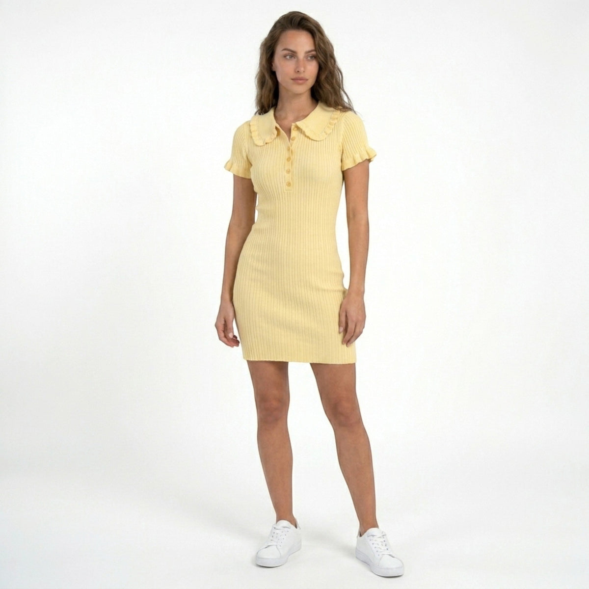 Women's ribbed knit mini dress with Peter Pan collar and short sleeves