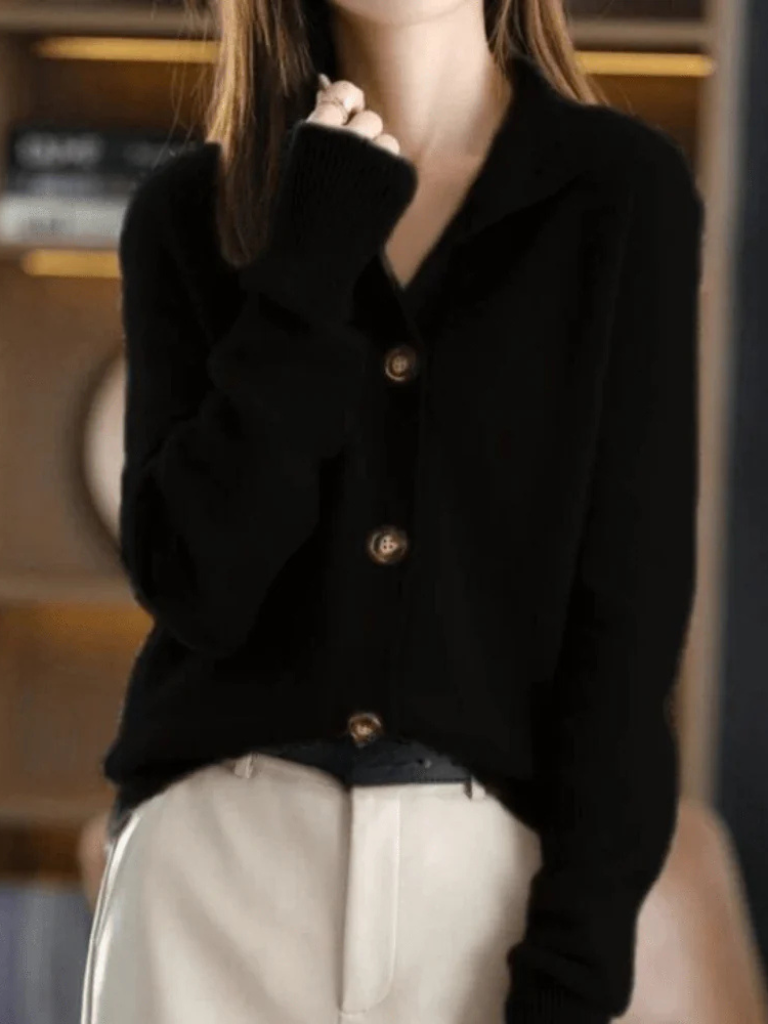 Women's long sleeve button front cardigan with ribbed collar