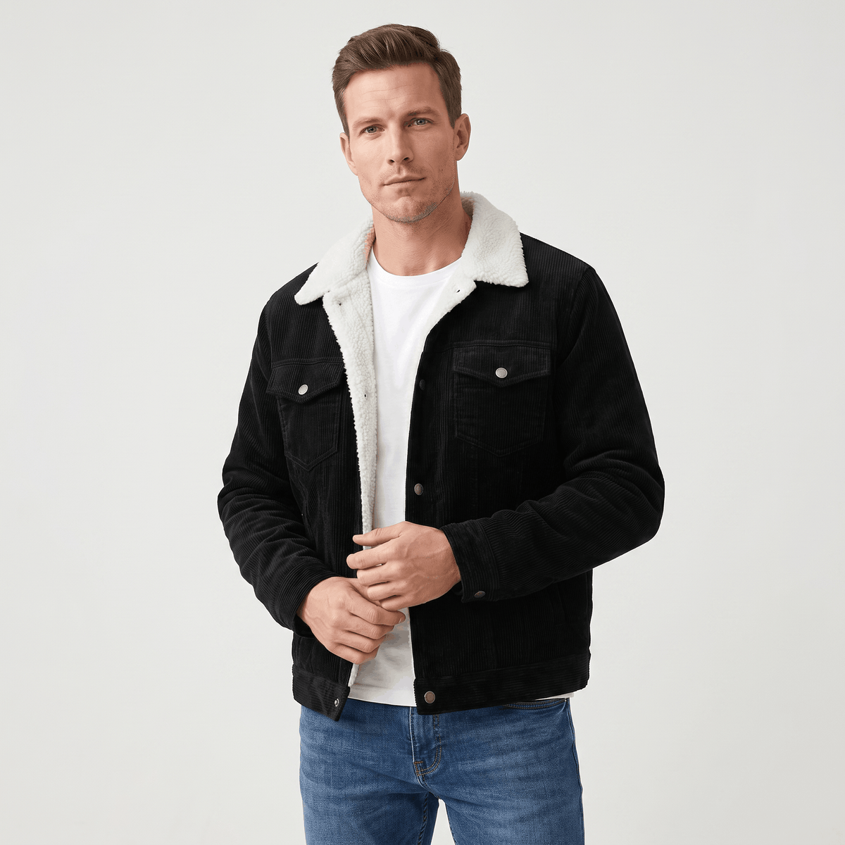 Men's corduroy jacket with contrasting sherpa collar, button front and chest pockets
