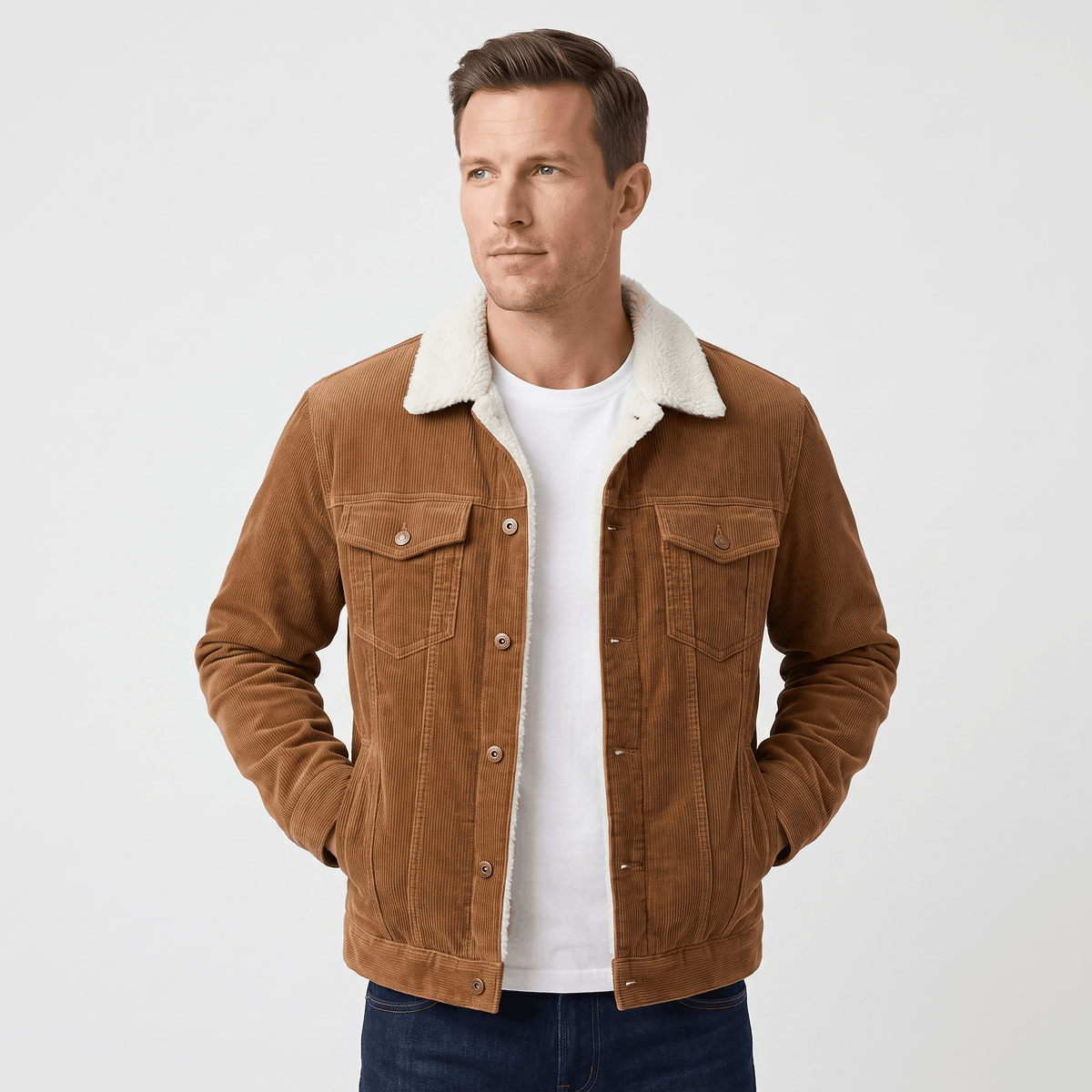 Men's corduroy jacket with contrasting sherpa collar, button front and chest pockets