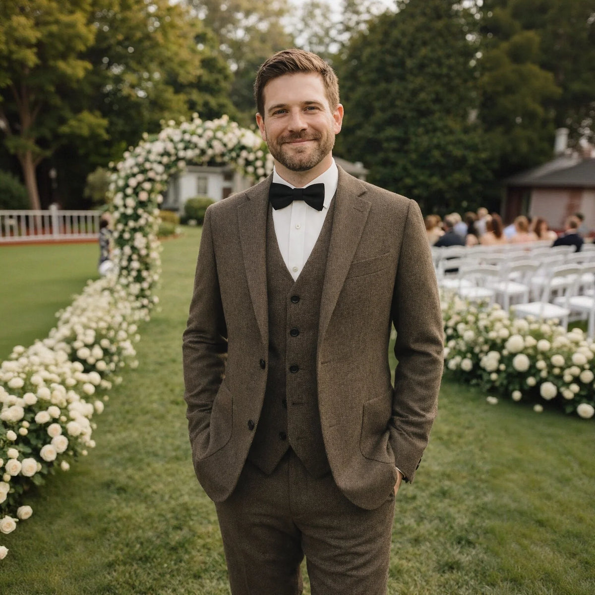Men's three-piece textured suit with notch lapels, waistcoat and matching trousers