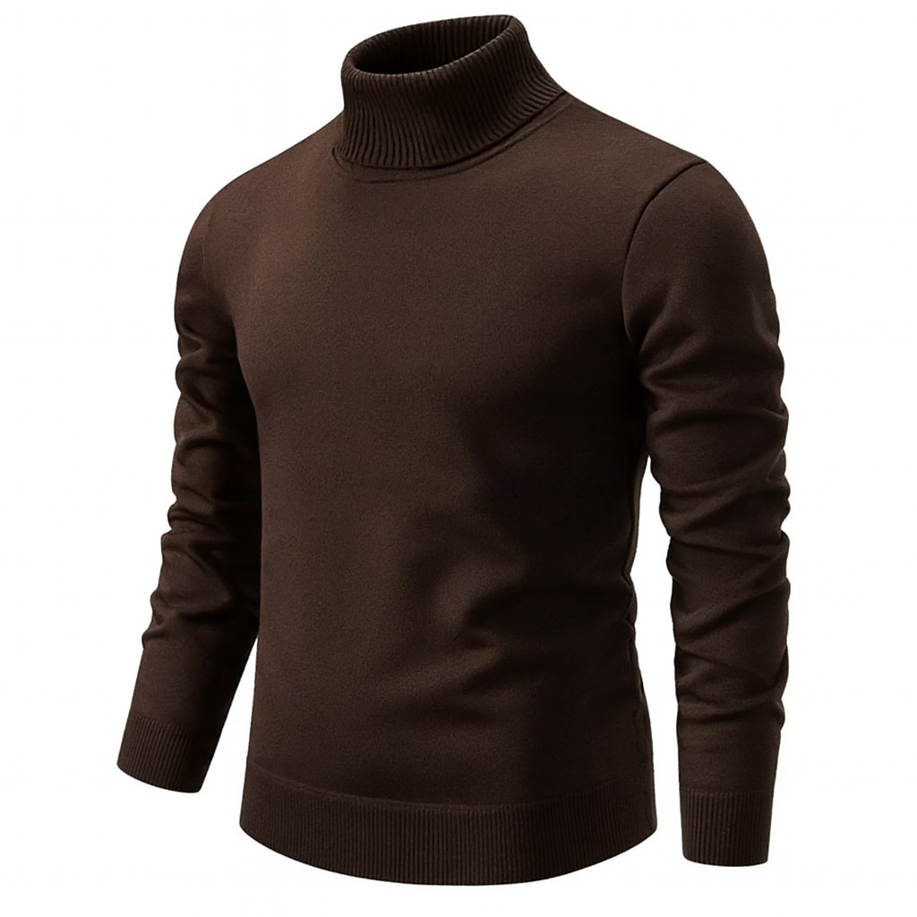 Men's plain long-sleeve turtleneck sweater with ribbed collar, cuffs and hem