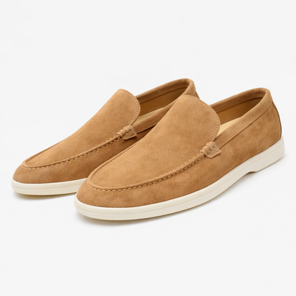Men's moc toe slip-on loafers with stitched apron detail and low flat soles