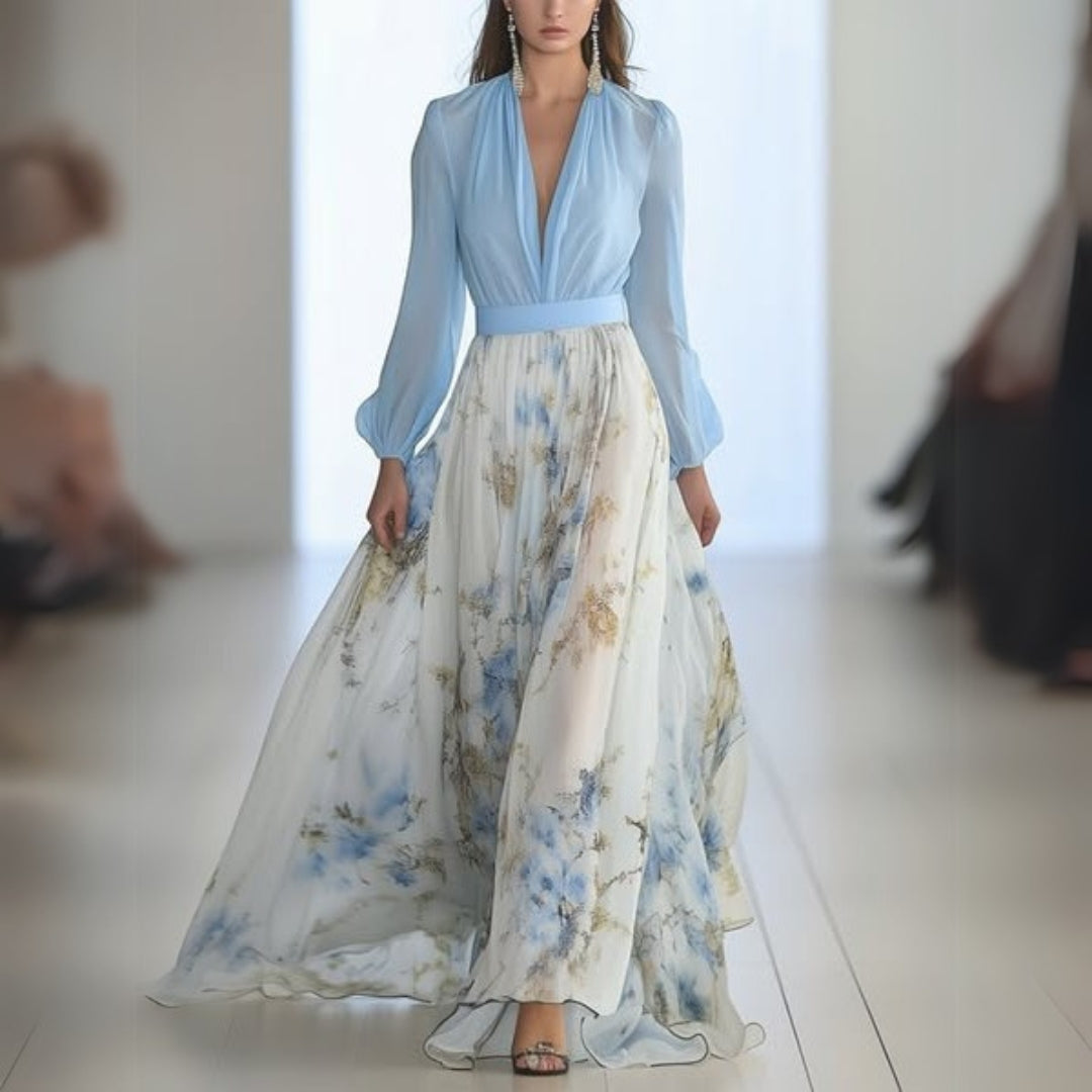 Women's Floral Maxi Dress Long Sleeve Wrap Waist Flowing Fit | Floral Blue
