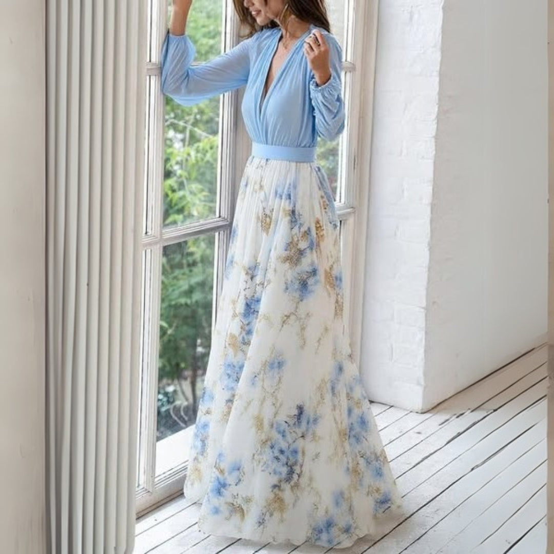 Women's Floral Maxi Dress Long Sleeve Wrap Waist Flowing Fit | Floral Blue