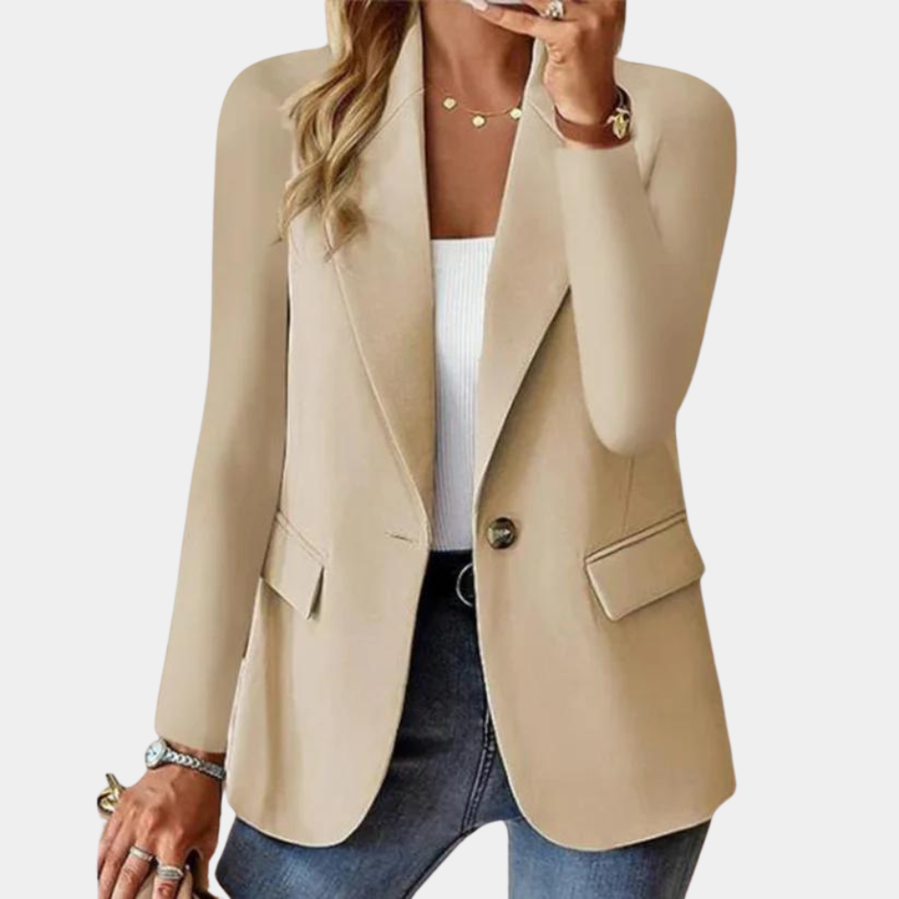 Women's tailored blazer with notched lapels, single button and flap pockets