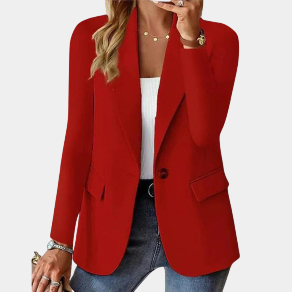 Women's tailored blazer with notched lapels, single button and flap pockets