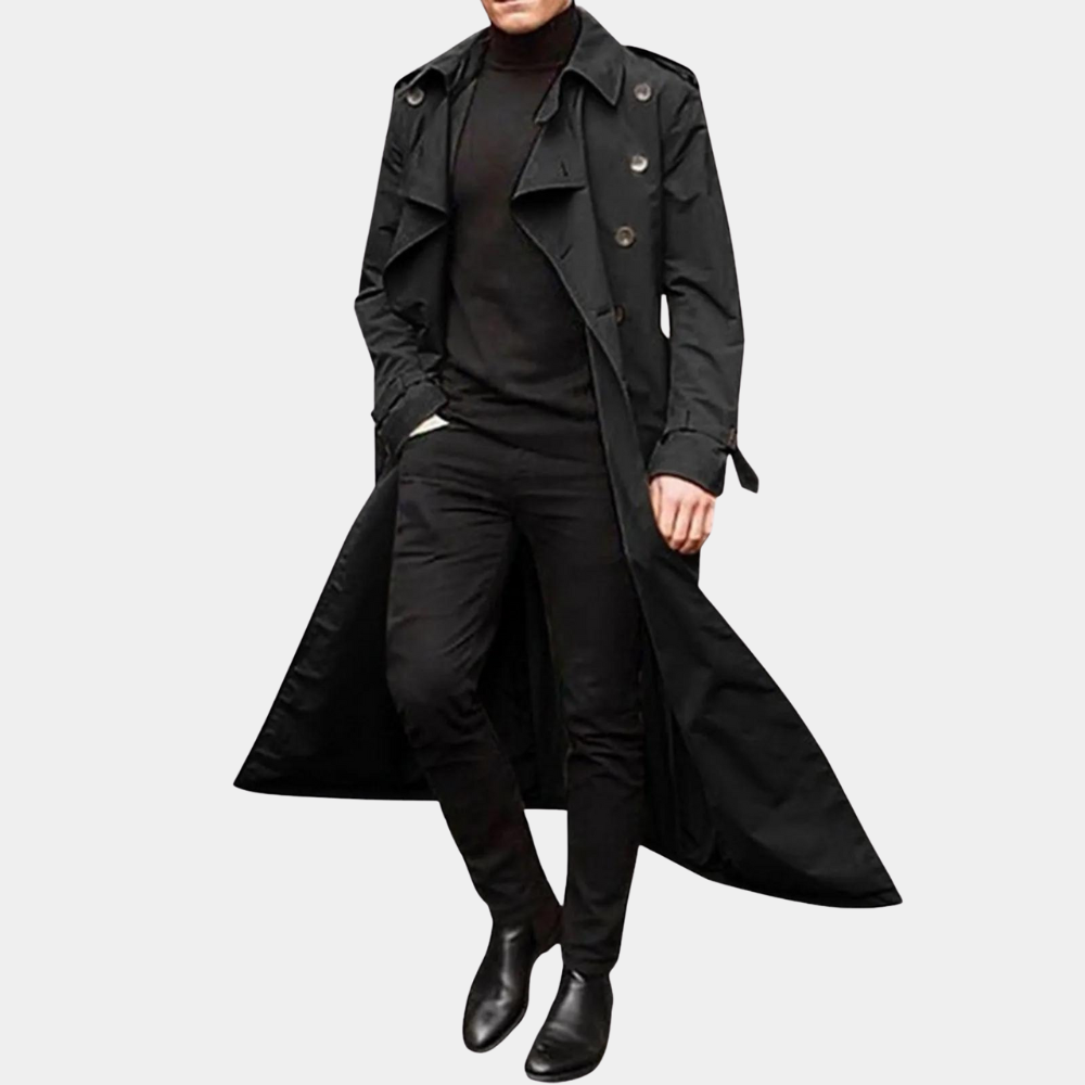 Men's long double-breasted trench coat with notched collar and cuff straps