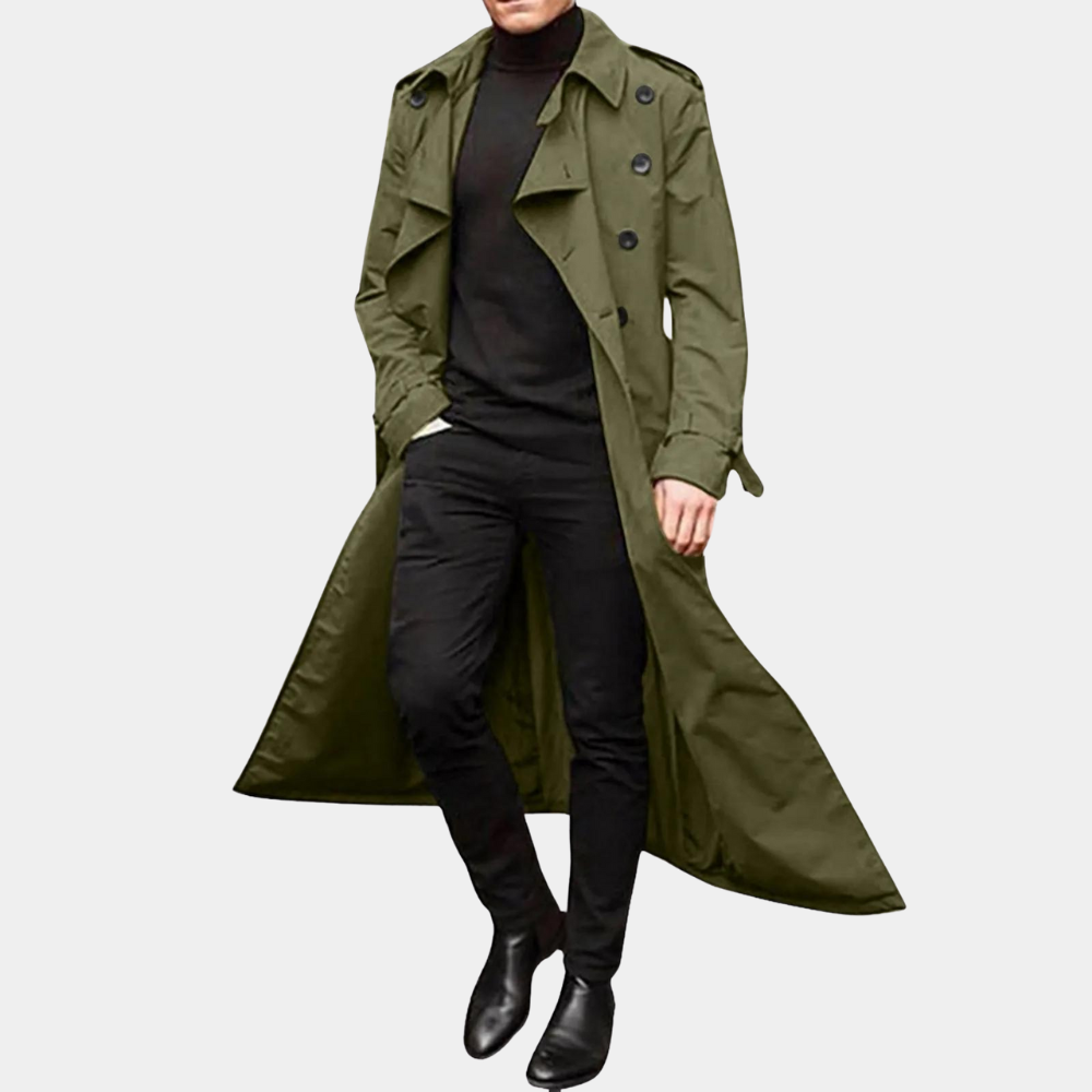 Men's long double-breasted trench coat with notched collar and cuff straps