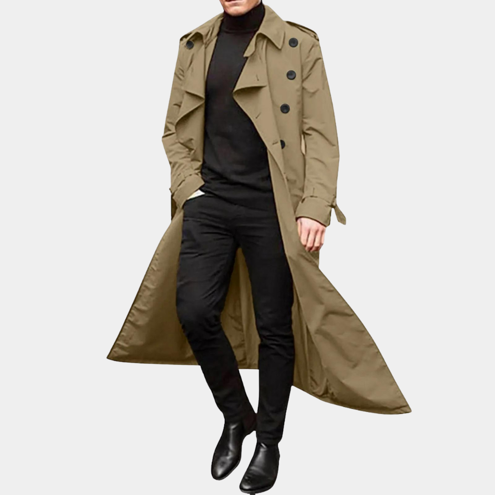Men's long double-breasted trench coat with notched collar and cuff straps