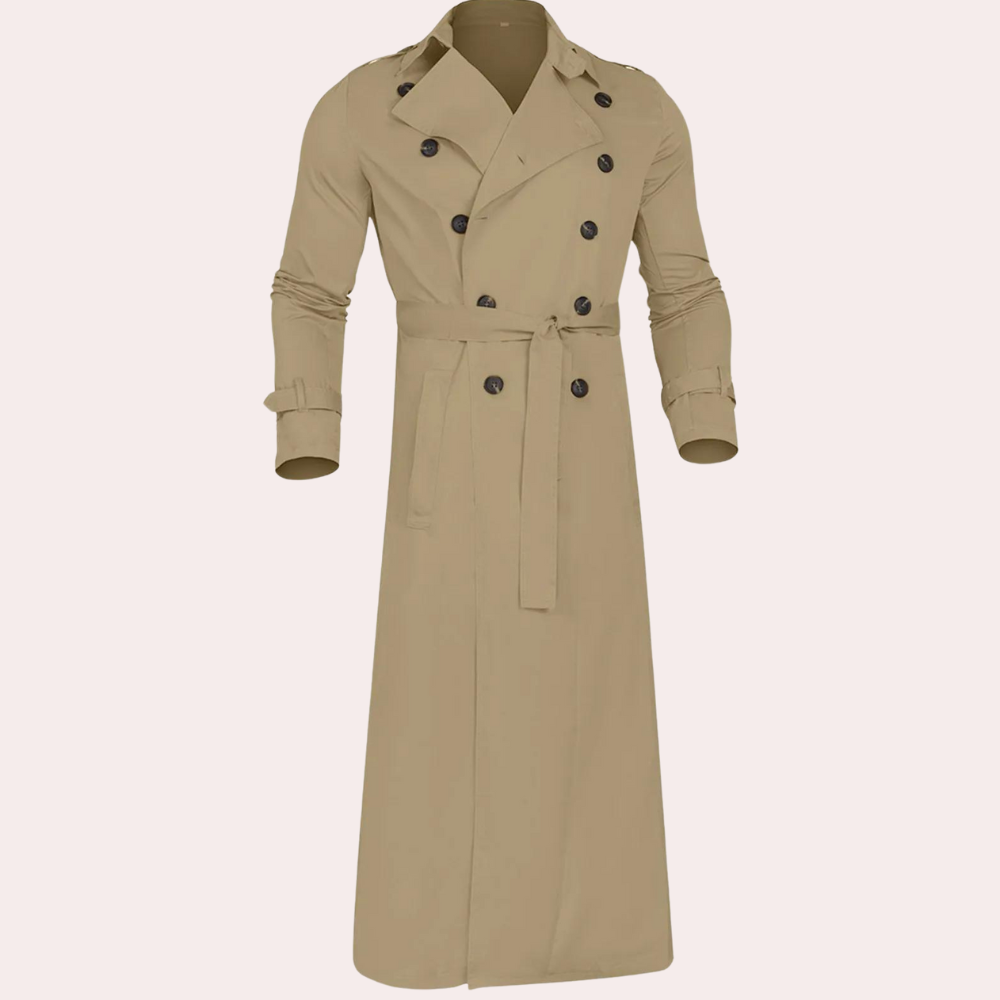 Men's long double-breasted trench coat with notched collar and cuff straps