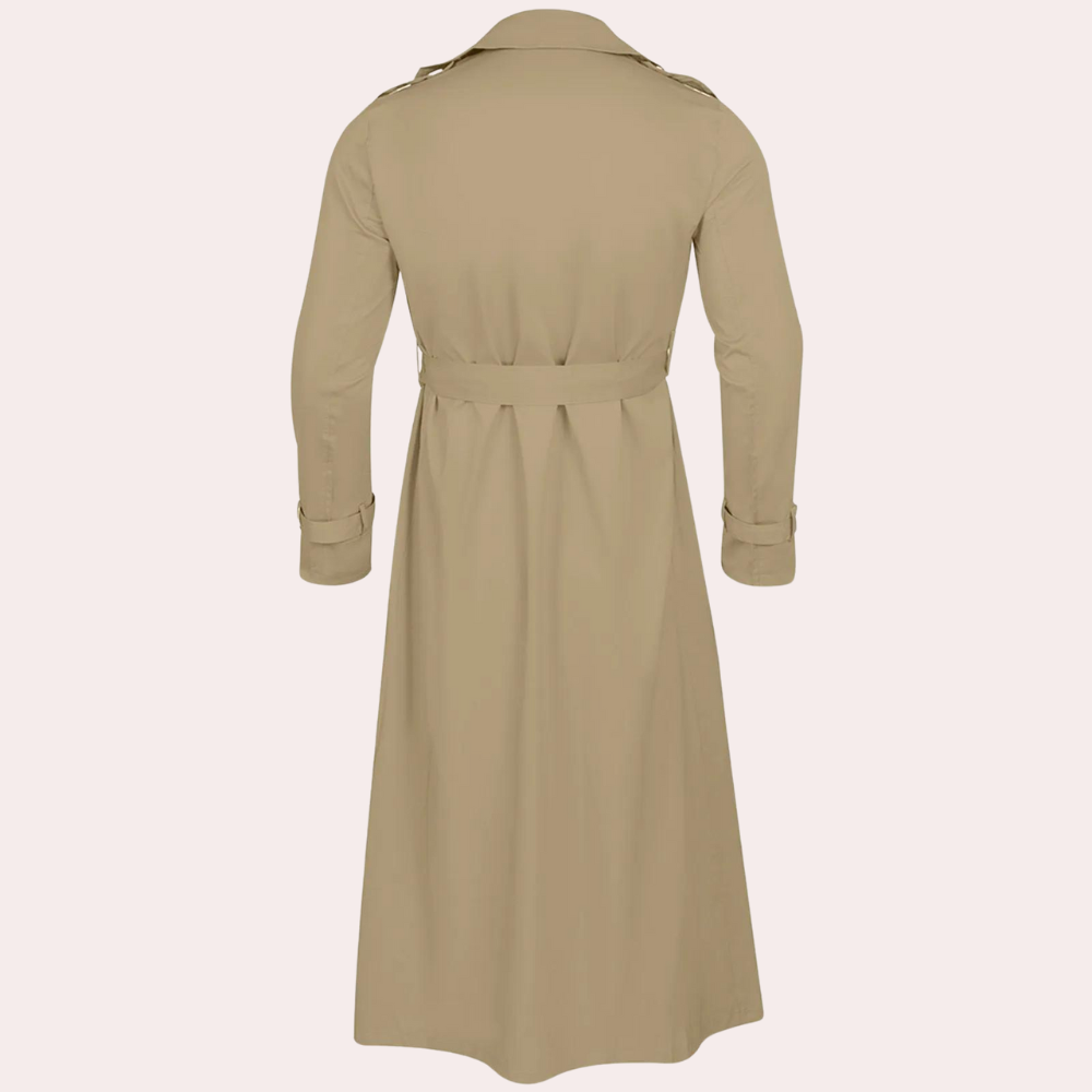 Men's long double-breasted trench coat with notched collar and cuff straps