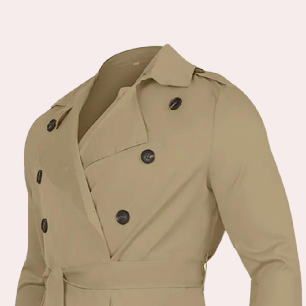 Men's long double-breasted trench coat with notched collar and cuff straps