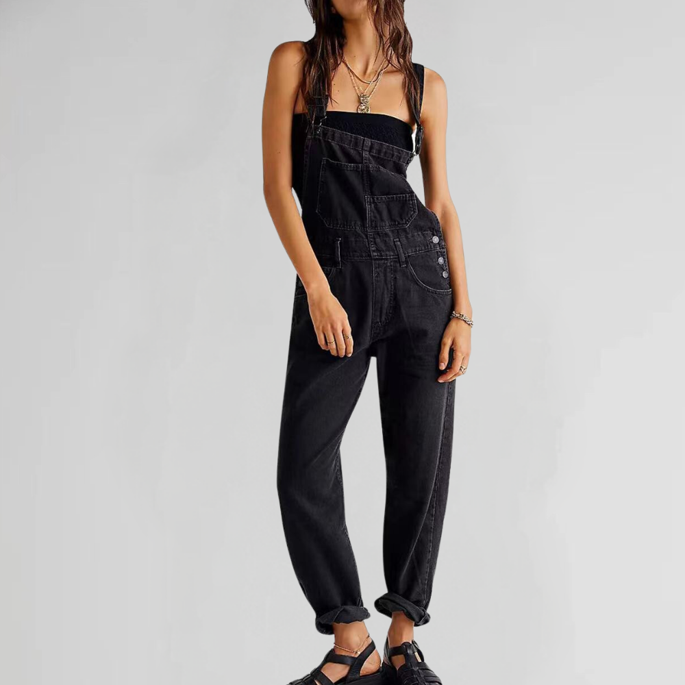 Women's Dungarees Denim Relaxed Cross-Back Straps - Black