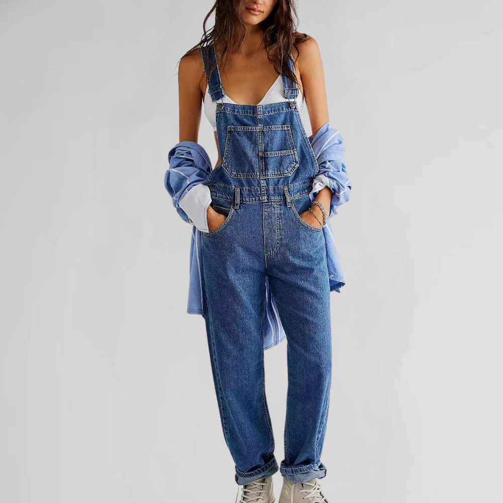 Women's Dungarees Denim Relaxed Cross-Back Straps - Dark Blue