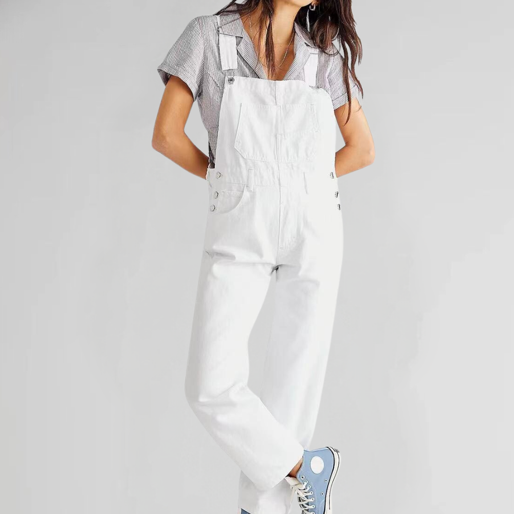 Women's Dungarees Denim Relaxed Cross-Back Straps - White