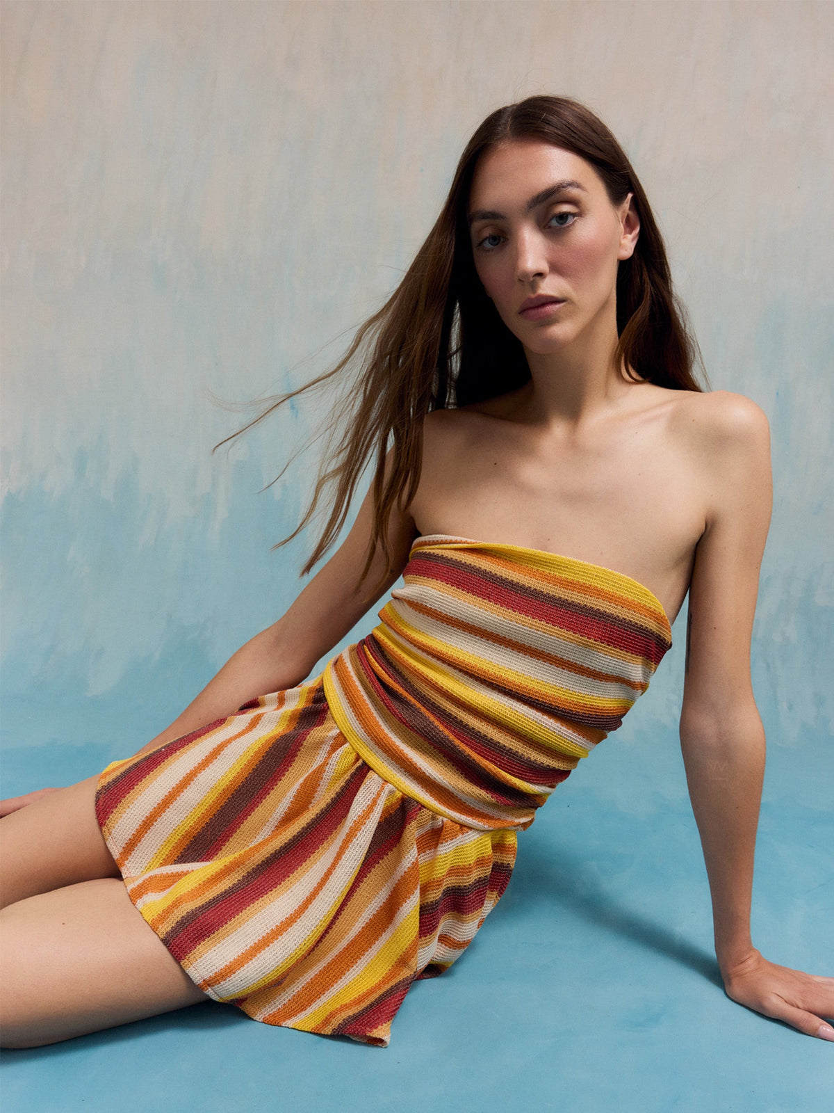 Women's multicoloured striped strapless knit mini dress with flared skirt