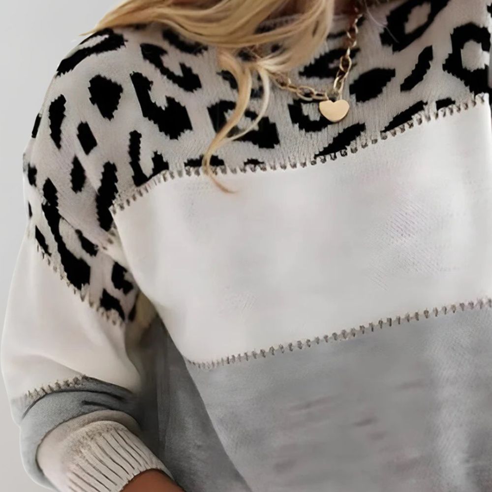 Women's colourblock jumper with leopard print panel and long sleeves