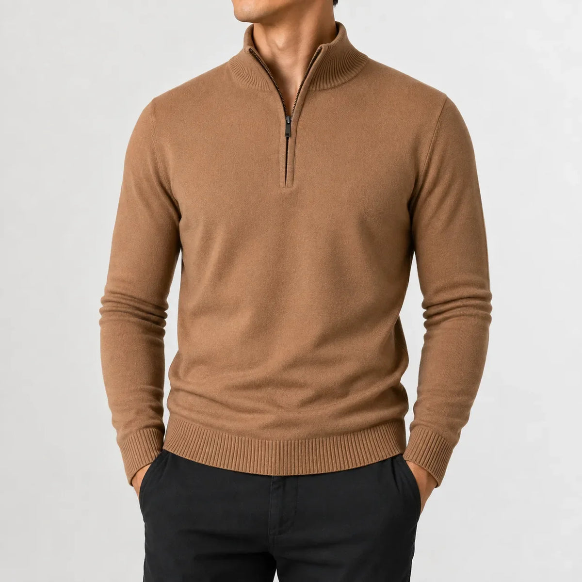 Men's long-sleeve mock neck zip-up jumper with ribbed trims