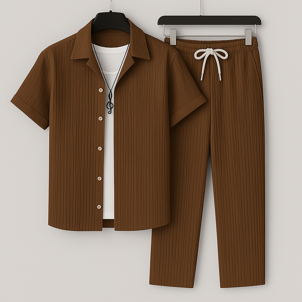 Men’s Textured Summer Co-Ord Set | Relaxed Open-Collar Shirt & Drawstring Trousers