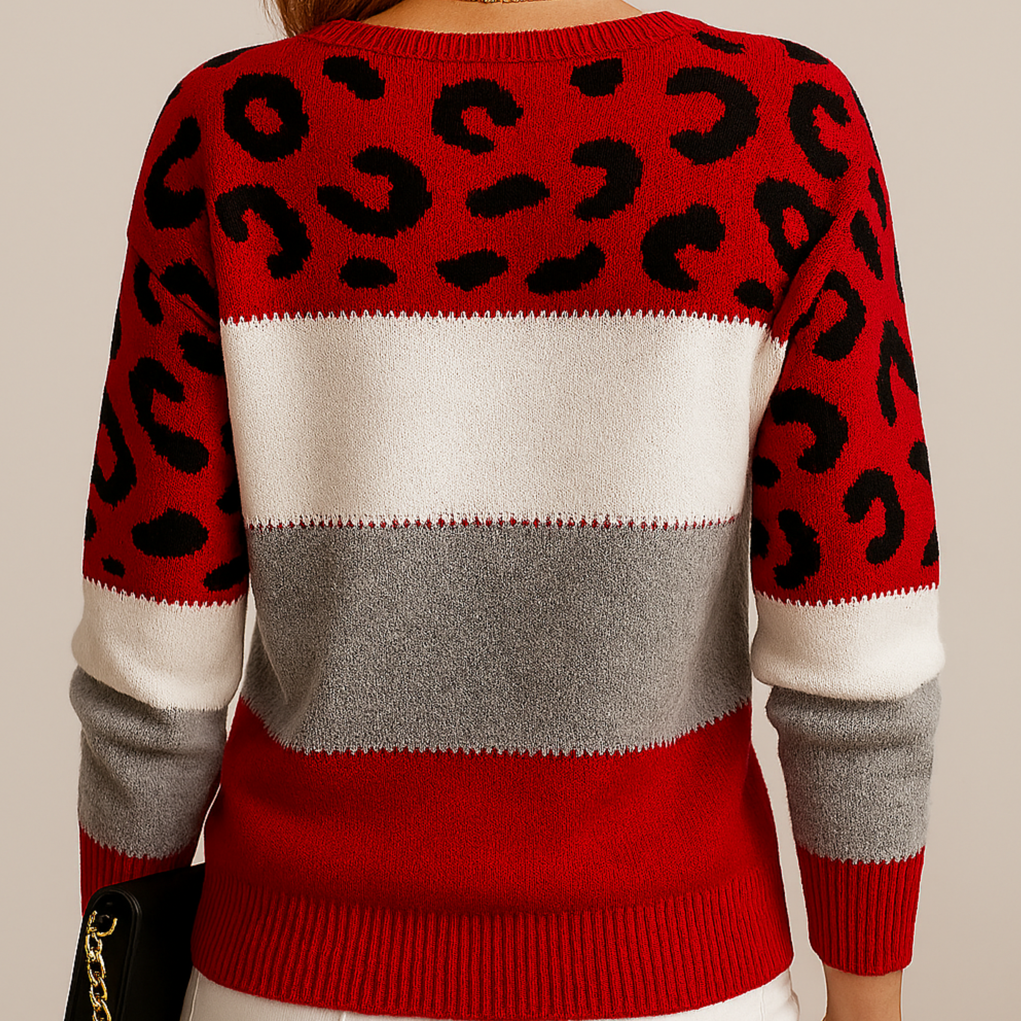 Women's colourblock jumper with leopard print panel and long sleeves