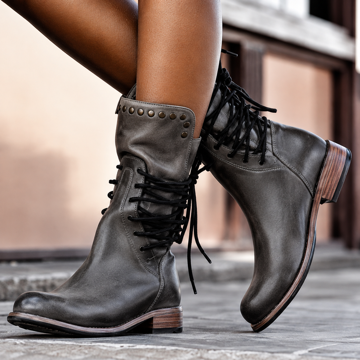 Women's lace-up ankle boots with studded cuffs and low block heels