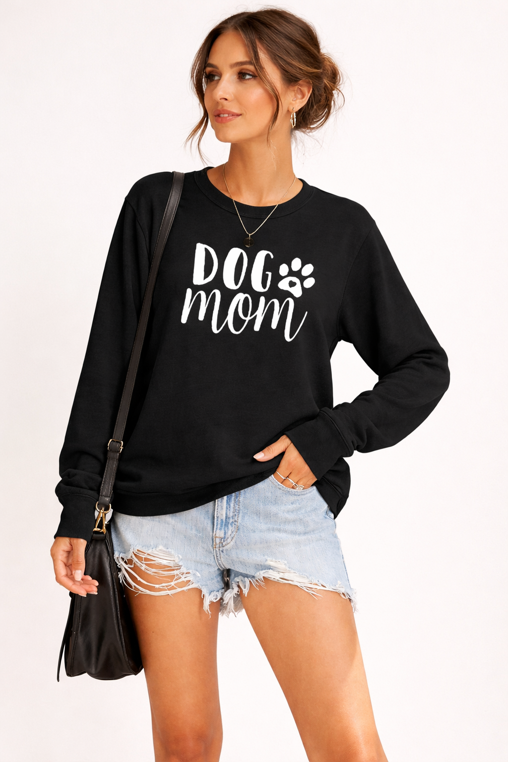 Women's crew neck sweatshirt with DOG MOM graphic and long sleeves