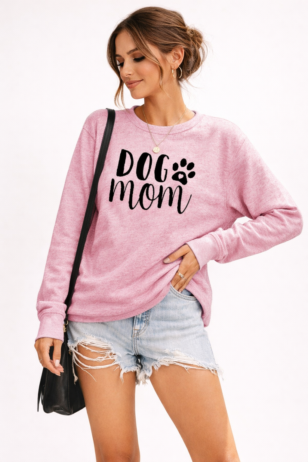 Women's crew neck sweatshirt with DOG MOM graphic and long sleeves