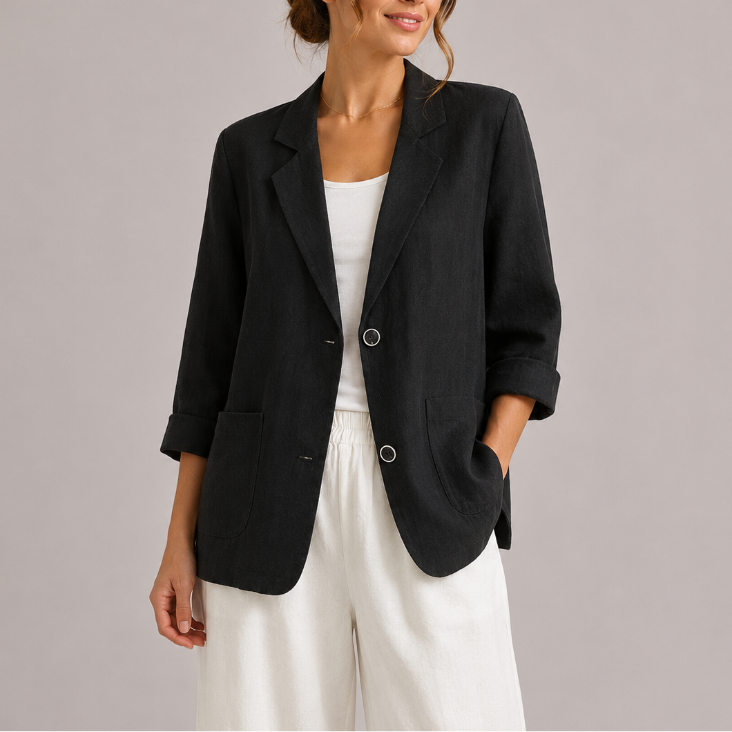 Women's Linen Blazer Relaxed Fit Notch Lapel - Black
