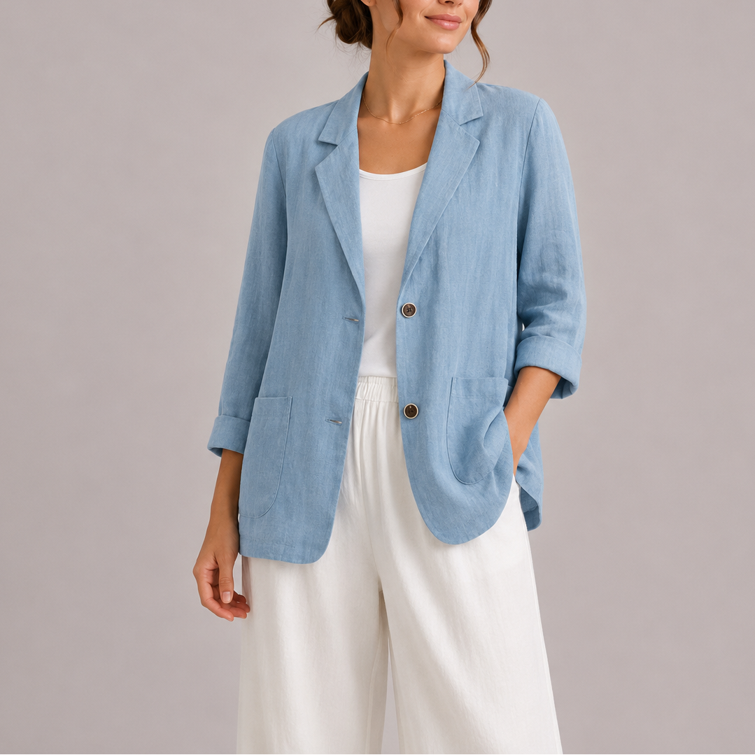 Women's Linen Blazer Relaxed Fit Notch Lapel - Blue