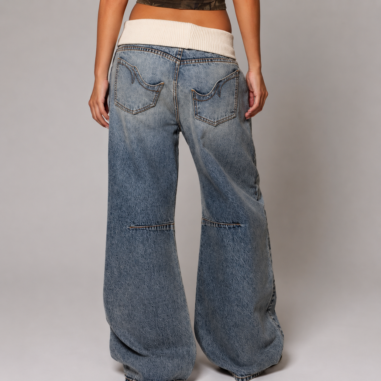 Women's Jeans Wide-Leg Baggy Ribbed Waistband - Blue