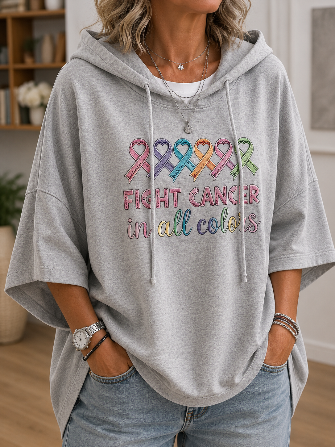 Women's hooded short-sleeve hoodie with colourful awareness ribbons and cancer awareness text