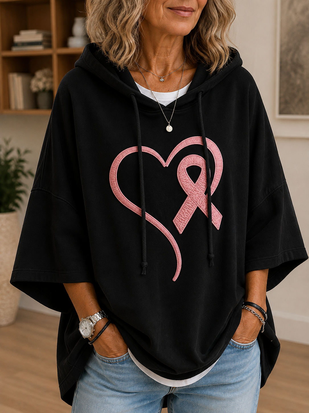 Women's hooded awareness hoodie with short sleeves and front ribbon applique