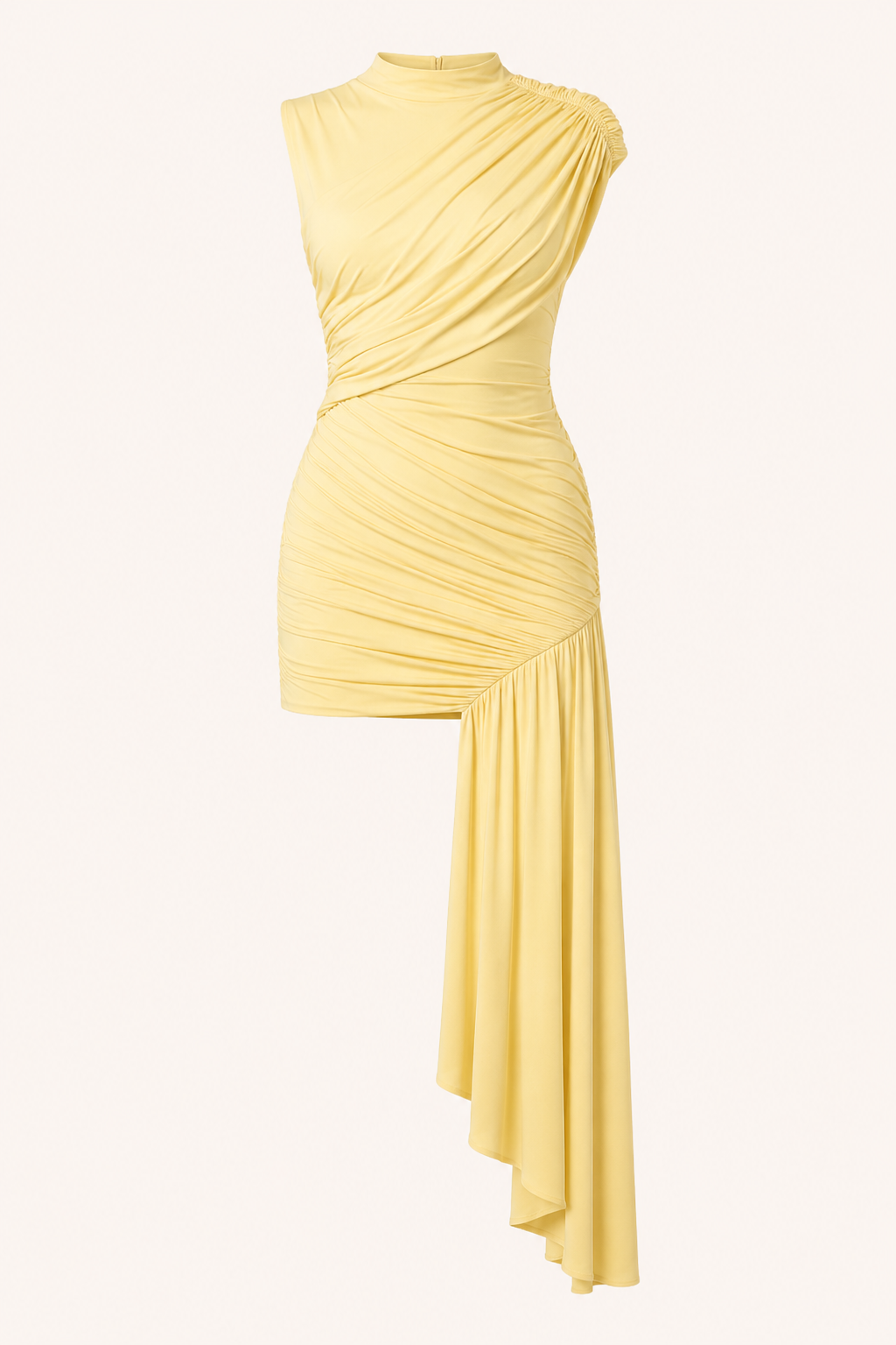 Women's sleeveless ruched asymmetric dress with high neck and long side drape
