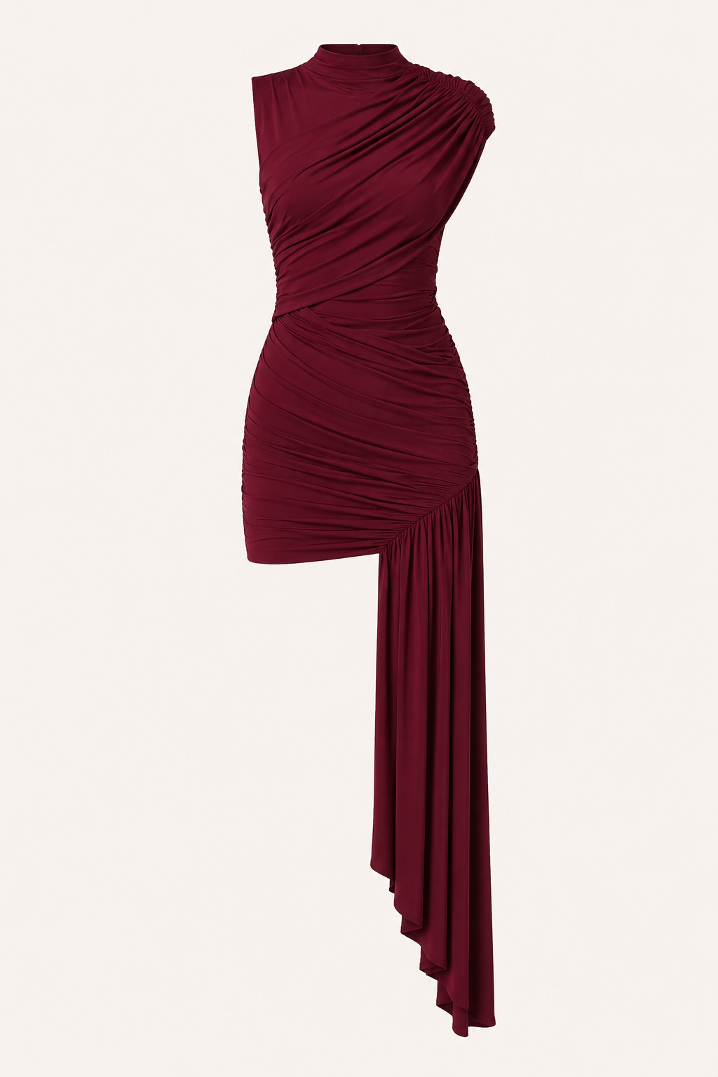 Women's sleeveless ruched asymmetric dress with high neck and long side drape