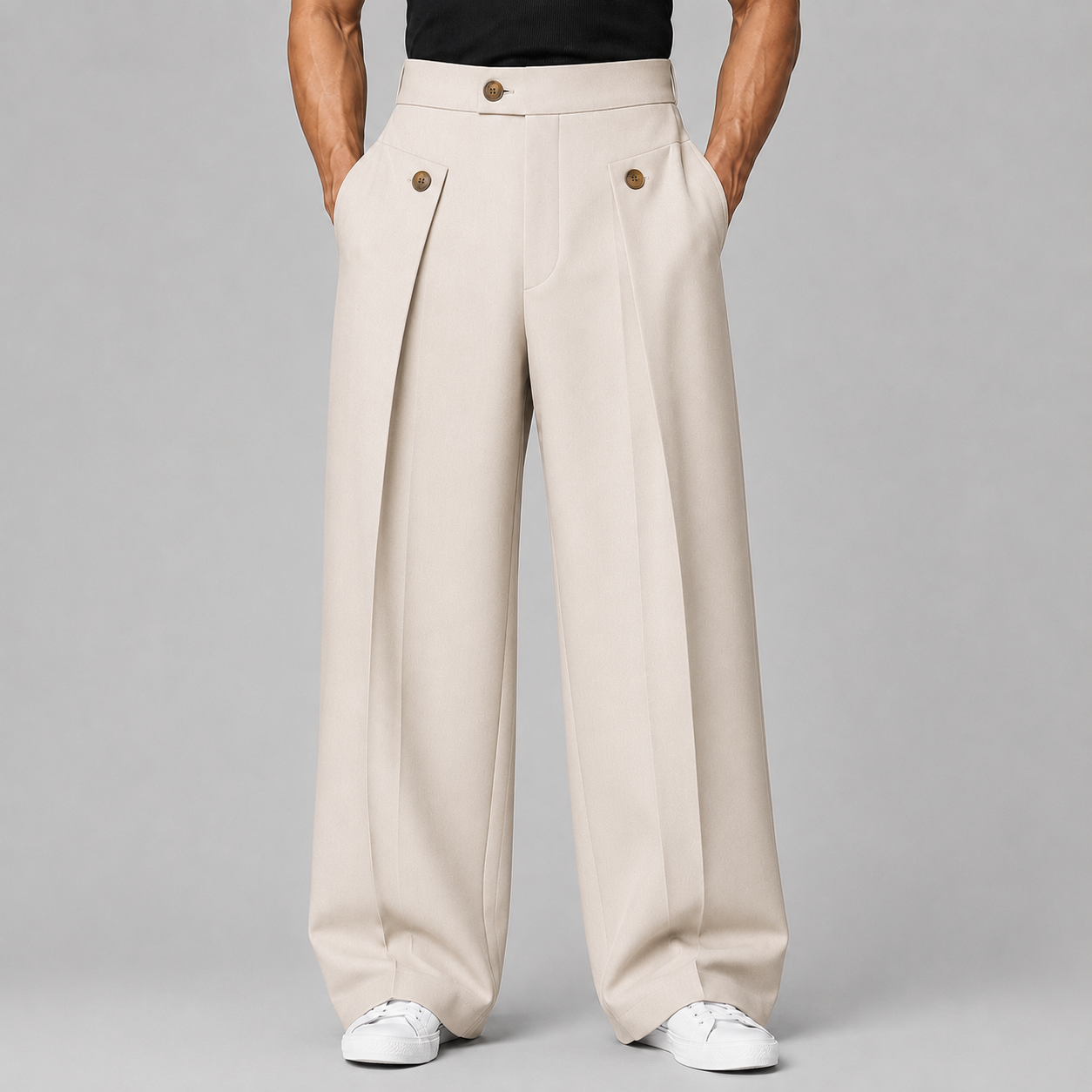 Men's Wide-Leg Trousers High-Waist Pleated Button Detail - Beige