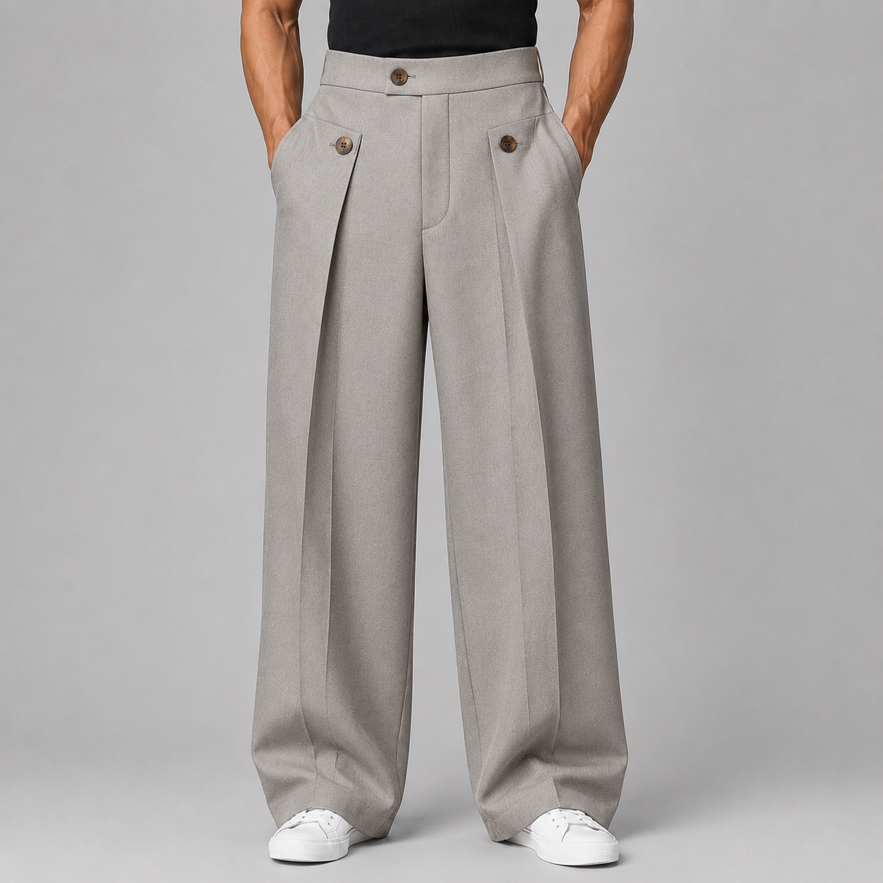 Men's Wide-Leg Trousers High-Waist Pleated Button Detail - Grey