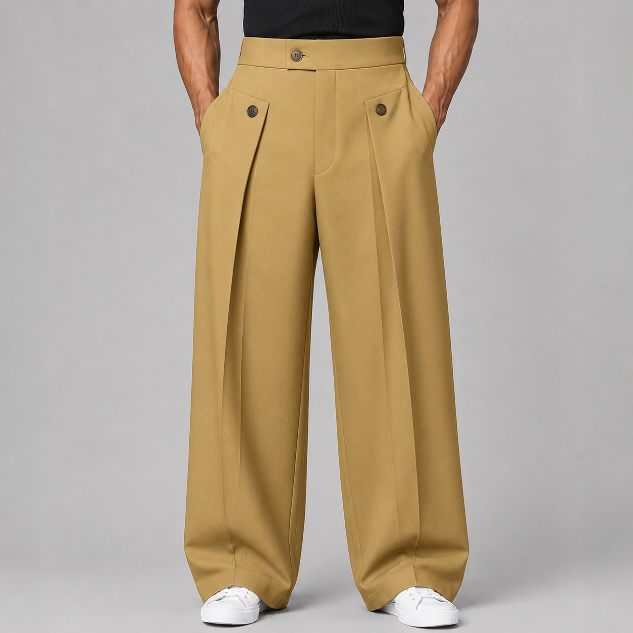 Men's Wide-Leg Trousers High-Waist Pleated Button Detail - Khaki