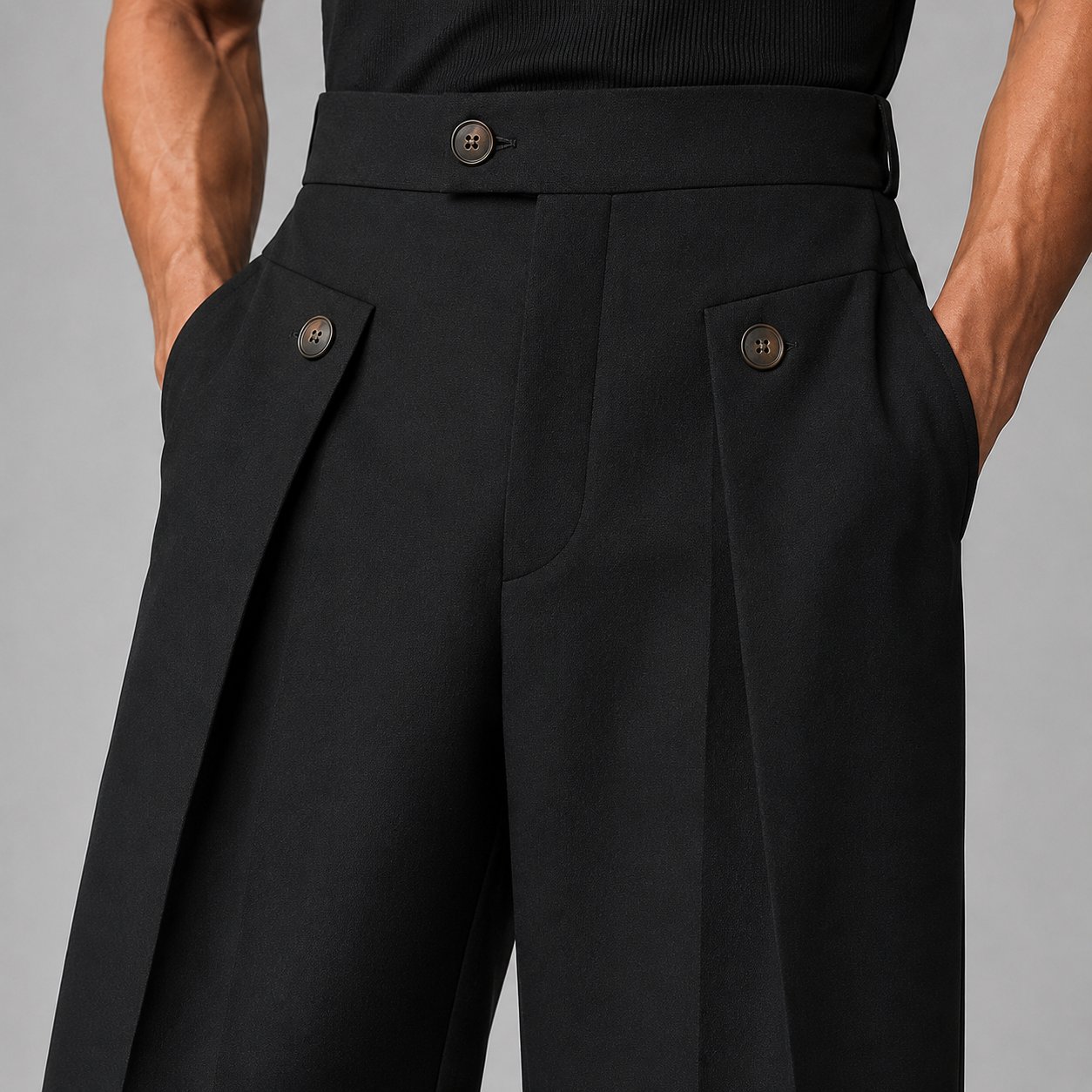 Men's Wide-Leg Trousers High-Waist Pleated Button Detail - Black
