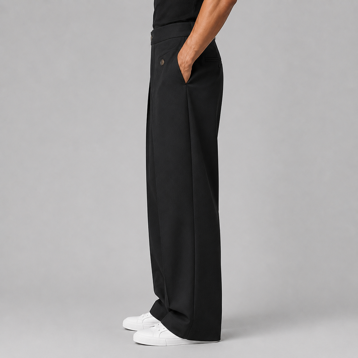 Men's Wide-Leg Trousers High-Waist Pleated Button Detail - Black